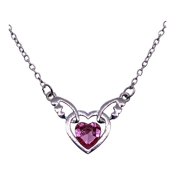 Imitation Light Pink Rhinestone Gemstone Angel Wings Heart Necklace - Picture 4 of 9